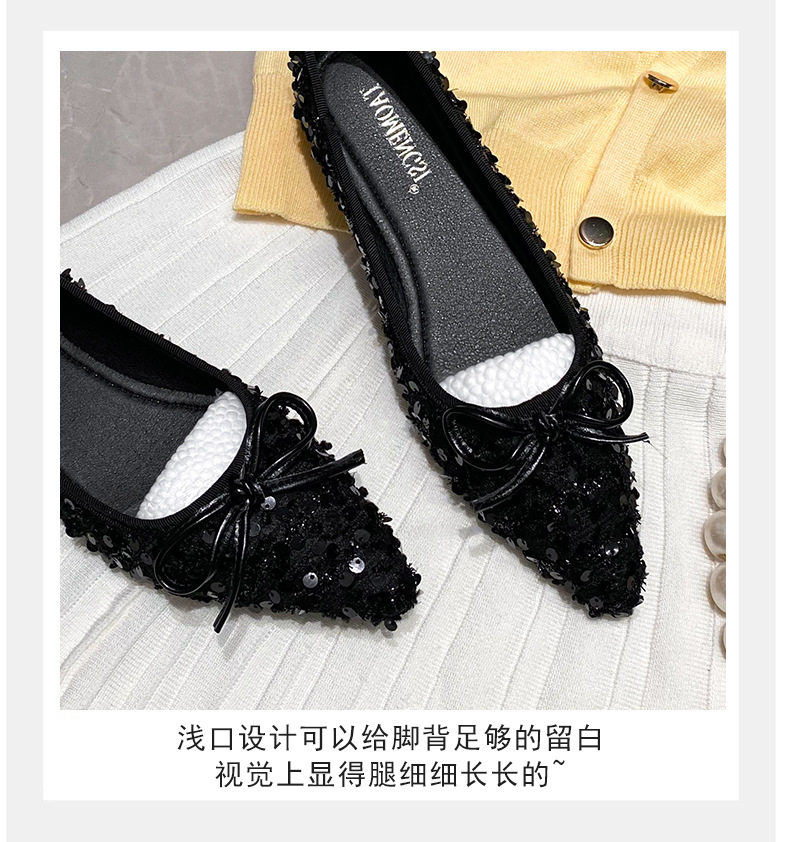 Giày nữ mũi nhọn đế mềm thấp, thắt nơ, kiểu xuân — Màu đen chi tiết 11