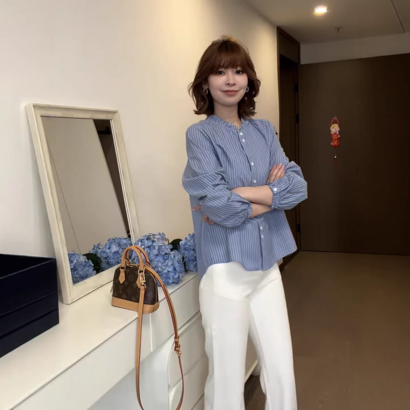 French-Style Ruffled V-Neck Long-Sleeve Shirt for Women, 2026 Early Spring New Model, Beautiful Top for Important Occasions