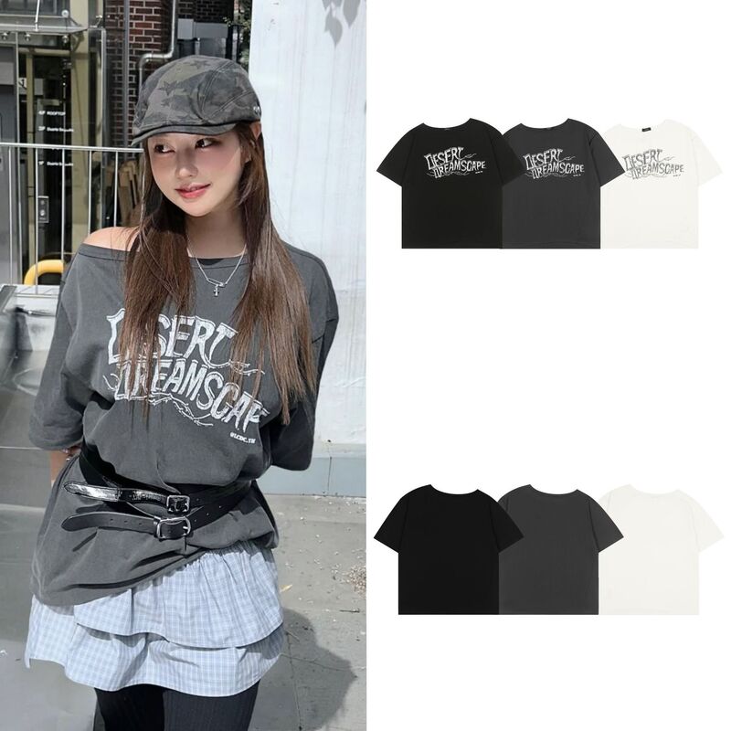 Korean Lcdc Letter Print Asymmetric Cut Slant Collar Off-Shoulder Short-Sleeved Korean Design Loose Casual Women's T-Shirt