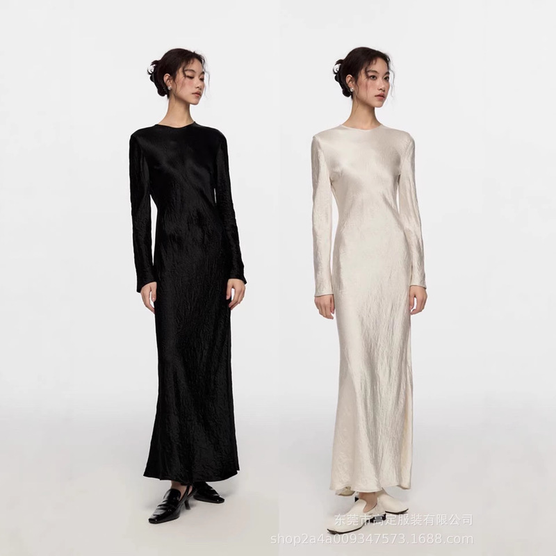High-End 1Oo% Acetate Spring and Autumn French-Style Elegant and Fashionable Satin Pleated Long-Sleeve Dress for Women