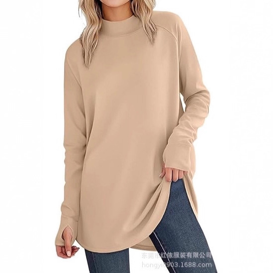 Women's Curved Hem T-Shirt Autumn and Winter Amazon European and American Fashion New Thumb Hole Knit Top Half Turtleneck Women's Top
