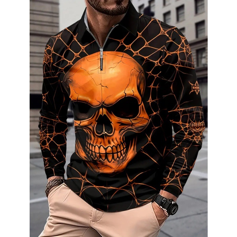 Thriller Skeleton 3D Impresión digital Hombres Calle principal Personalidad Manga larga Cremallera suelta Camisa POLO Europa y América Transfronteriza