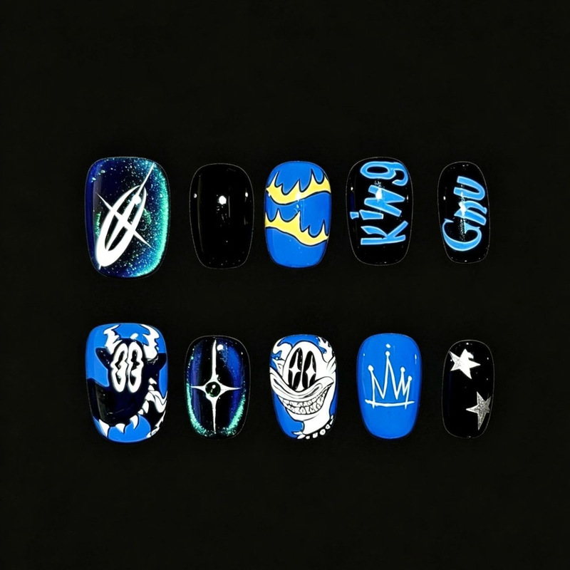 Trendy and cool graffiti-style personalized short square fake nails for spicy girls, niche art beauty nail patches wholesale from the source factory