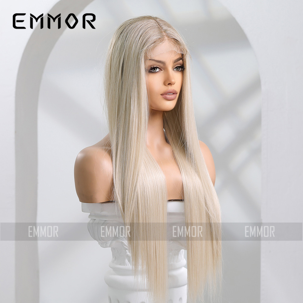 Pelucas para mujer, cabello importado, frente de encaje tejido a mano, raya en medio, cabello largo y liso con degradado dorado, material de fibra de alta temperatura.