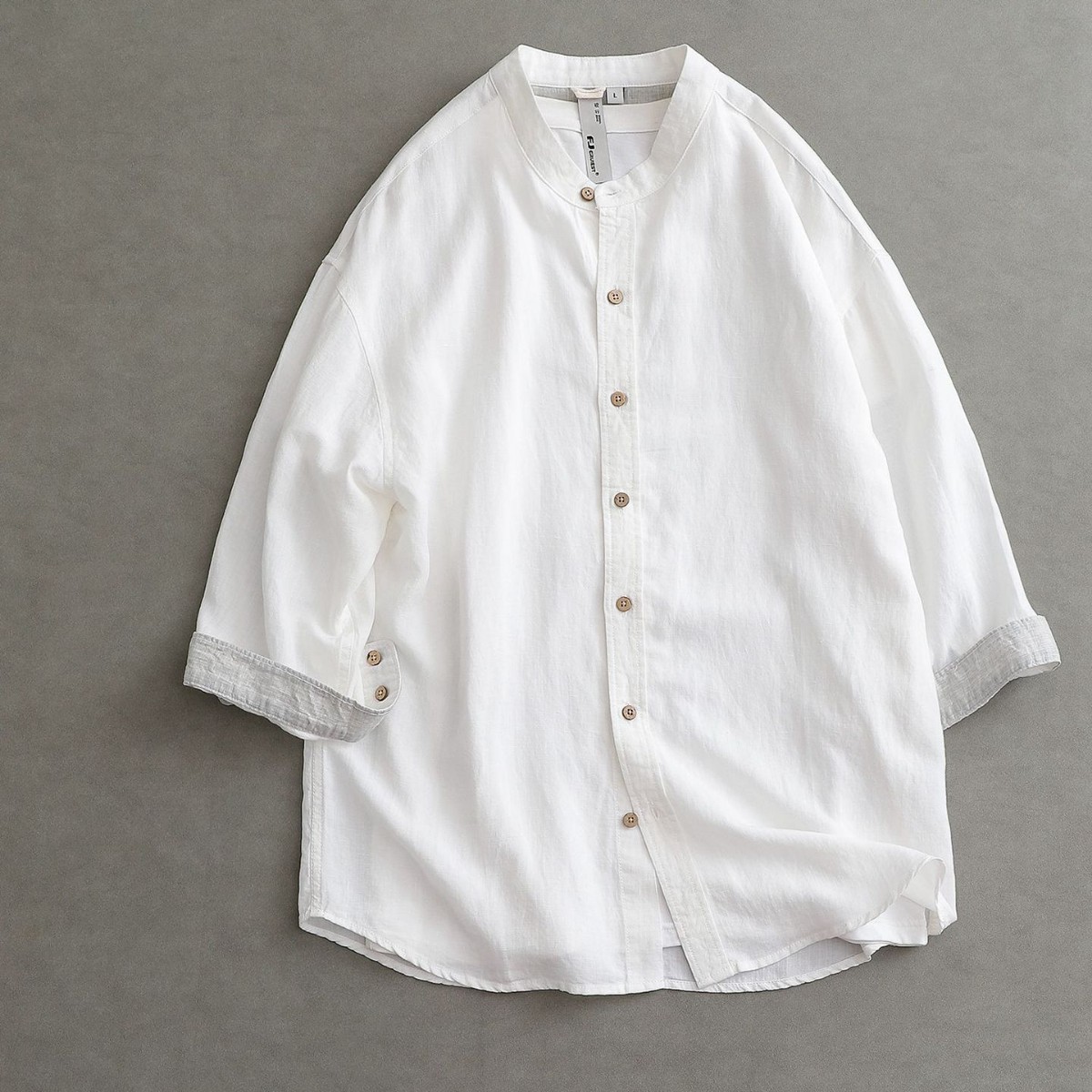 Men's stand collar linen 7-sleeve shirt solid color men's half-sleeve shirt high-end fashion basic 3020