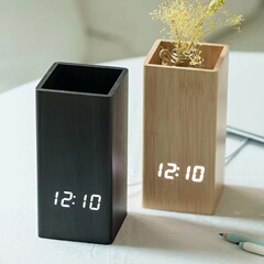 商人節 学生用ペン立て 電子時計 文房具収納ボックス LED木製 音声起動目覚まし時計 オフィスデスクペン立て