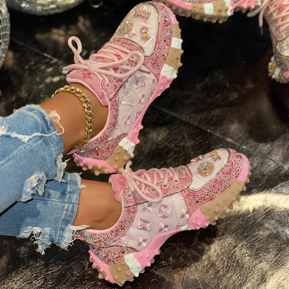 Cross-Border Foreign Trade Durian Shoes for Women, Heavy-Duty Rhinestone Mesh Dad Shoes, Sports Shoes, Spring and Autumn New Foreign Trade Shoes in Stock