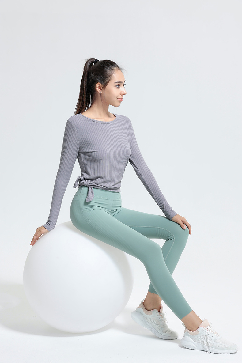 high stretch ribbed long-sleeved slim round neck yoga top nihaostyles clothing wholesale NSJLF85156