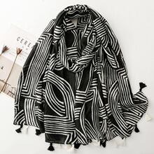 逸淘外贸出口法国棉麻手感围巾名媛风极简线条柔软流苏丝巾披肩女