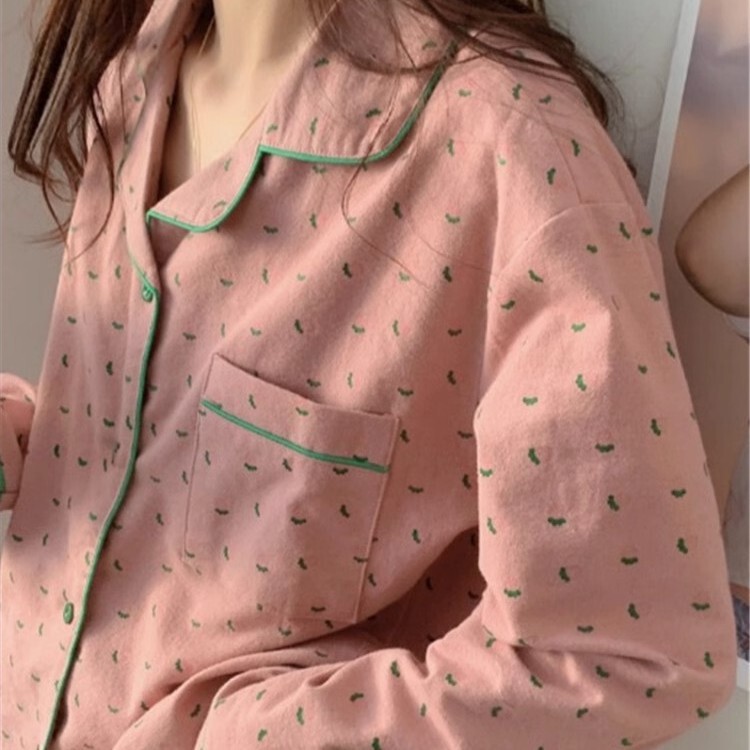 Korean Ins Cute Little Fresh Floral Pure Cotton Pajamas for Women Autumn and Winter Brushed Cotton Long-Sleeved Home Clothes Can Be Worn Outside