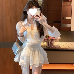 2025新款高级感纯欲显瘦白色衬衫裙内搭蕾丝抹胸连衣裙子套装女夏