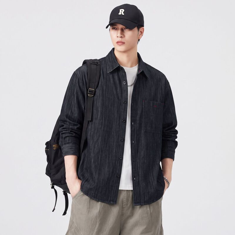 High-end vintage jacquard long-sleeve shirt for men, autumn trendy versatile plus-size collared shirt, men's denim jacket High-end vintage jacquard long-sleeve shirt for men, autumn trendy versatile plus-size collared shirt, men's denim jacket
