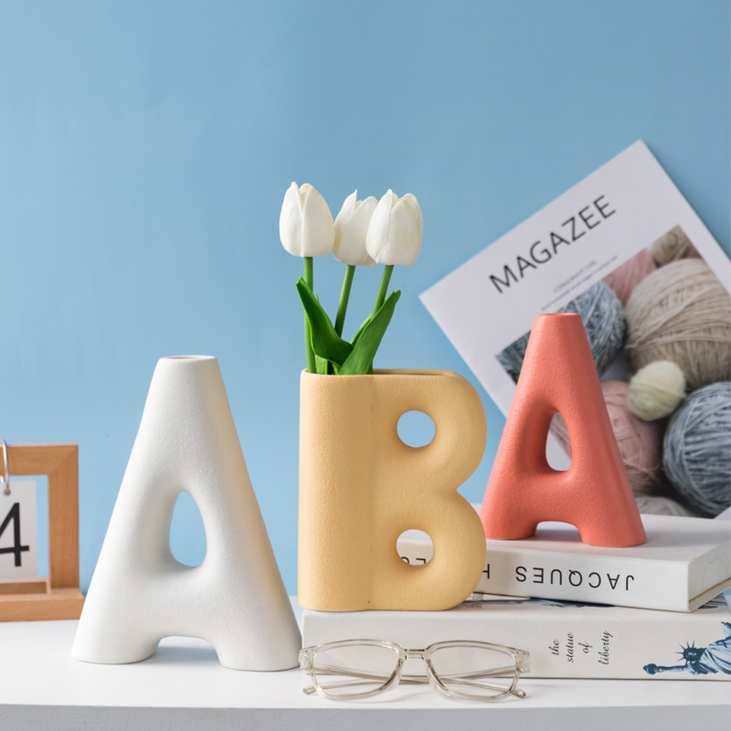 Abdullahabad Sandblasted Letter AB Ceramic Vase Ornament American European Retro Large Mouth Matte White Orange Red Yellow