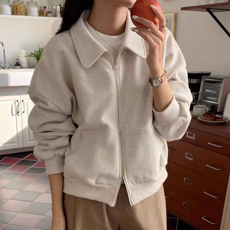 South Korea chic spring and autumn top niche loose double-headed zipper age-reducing lapel small sweater coat women's cardigan