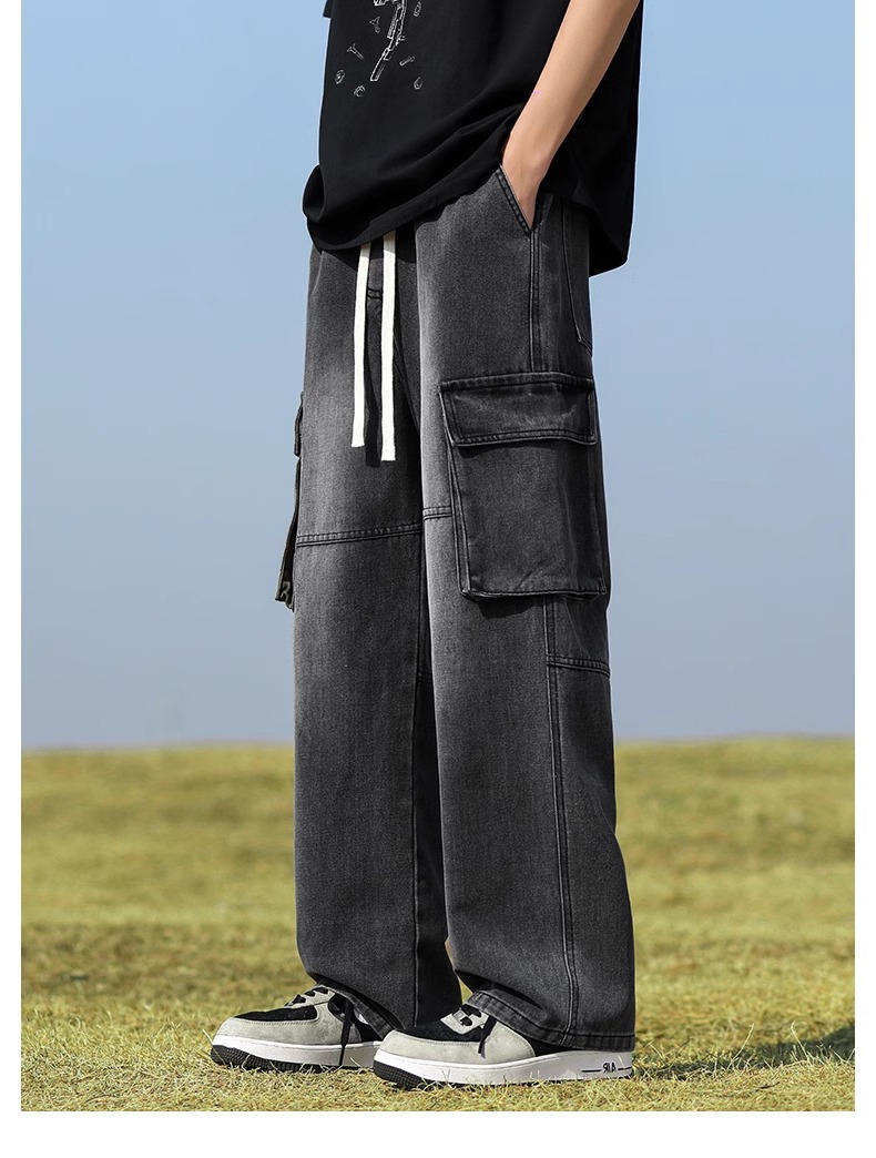 ​​Men’S Cargo Jeans – Vintage Washed Denim Pants With Patchwork & Multi-Pockets​​ Relaxed Straight Fit​​_mkmklike.com