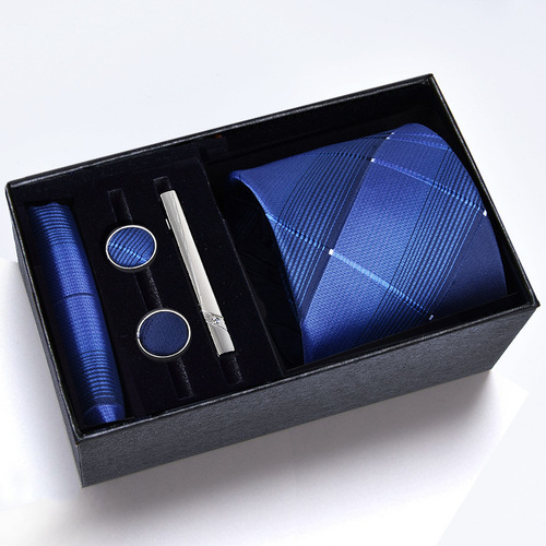 Gift box] Men's tie square, cufflinks, tie clip five-piece set, LOGO formal business blue stripes
