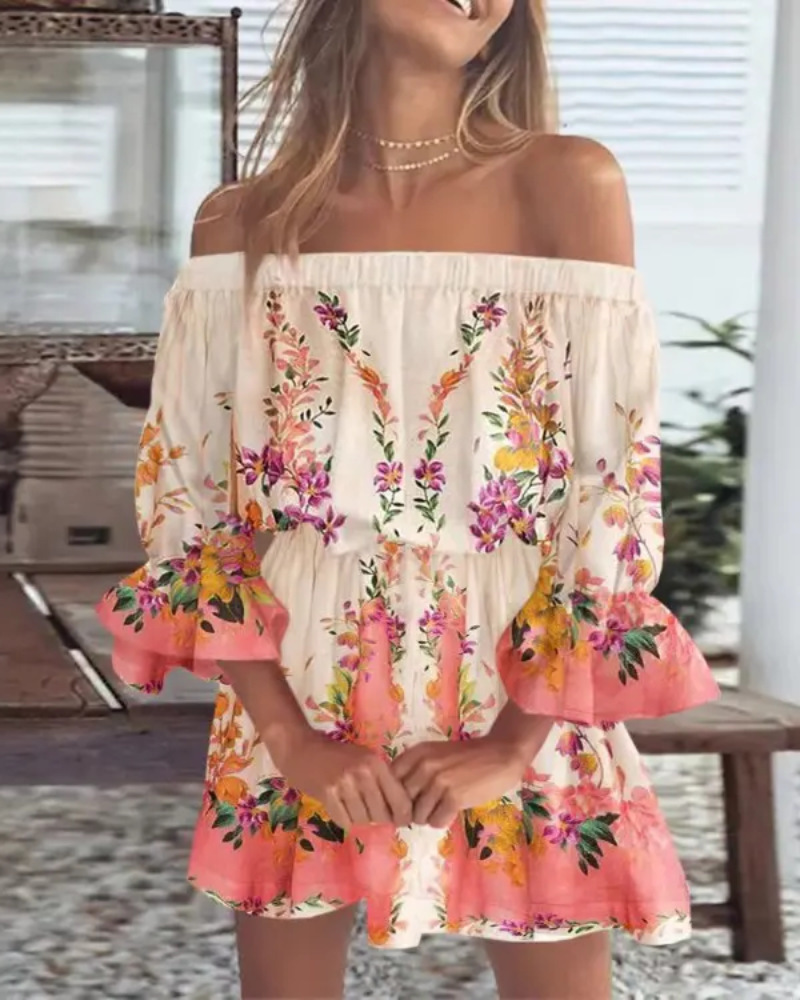 Vestido sexy de moda con estampado de un solo hombro para mujer, estilo europeo y americano, para el mercado transfronterizo de Amazon, 2023