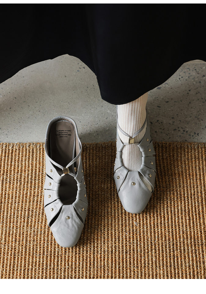Sandal cao gót nữ mũi nhọn hở mũi, gót 5.5 cm, phong cách vintage đinh tán rỗng — Xám xanh chi tiết 17