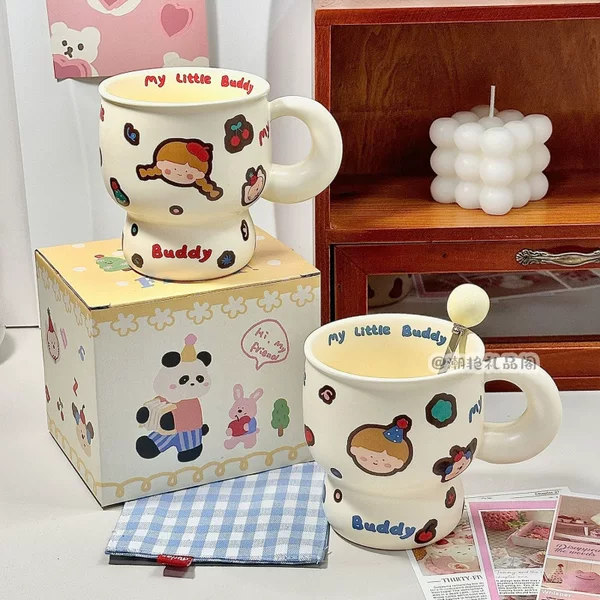 Cute doodle mug with spoon, a set for couples, suitable for home use, breakfast, coffee, office, and as a water cup for girls; made of ceramic