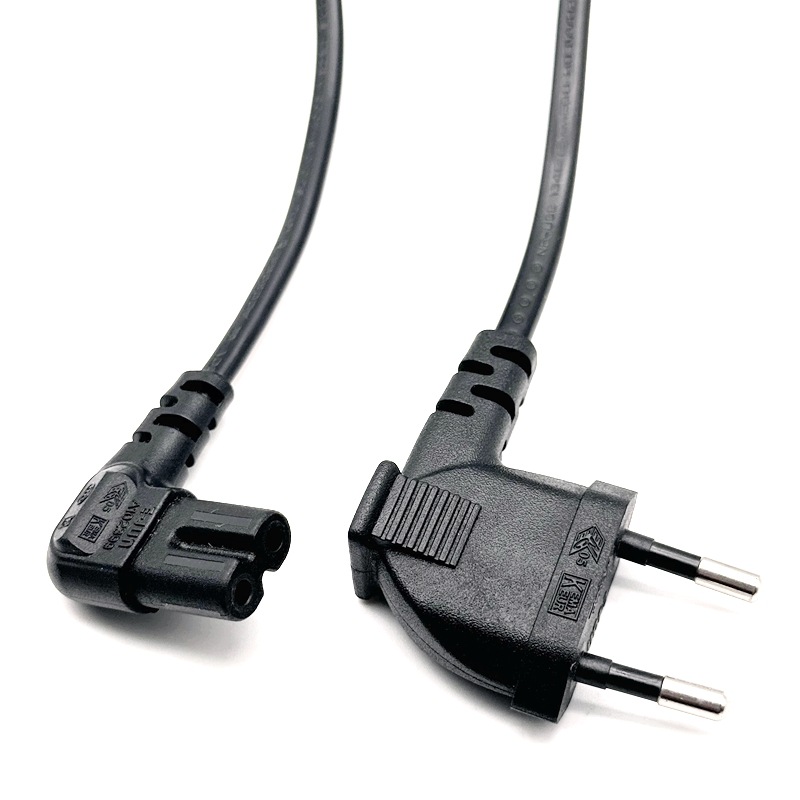 欧规侧弯头两插转八字尾 EU欧标90度二插电源线 欧式纯铜AC插头线