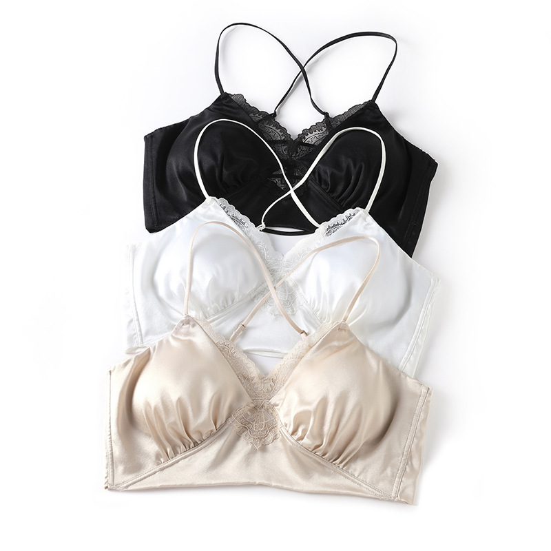 Simple Satin Silk Crossover Bra Sexy Lace Skin-friendly Mulberry Silk Underwear without Steel Ring for Women Simple Satin Silk Crossover Bra Sexy Lace Skin-friendly Mulberry Silk Underwear without Steel Ring for Women