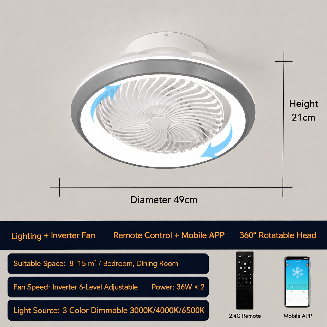 Lámpara Ventilador de Techo 110V de PC y ABS Inteligente con Control Remoto y APP para Dormitorio y Comedor