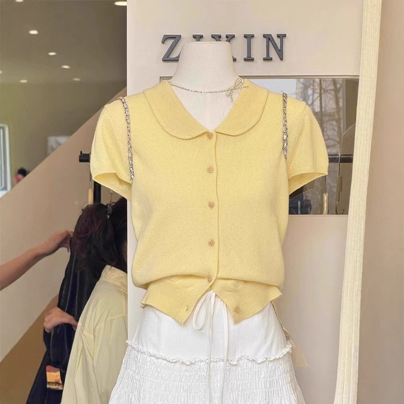 Small Yellow Short Knitted Ice Silk Doll Collar Short-sleeved T-shirt Women's Summer Beautiful Shoulder Tops