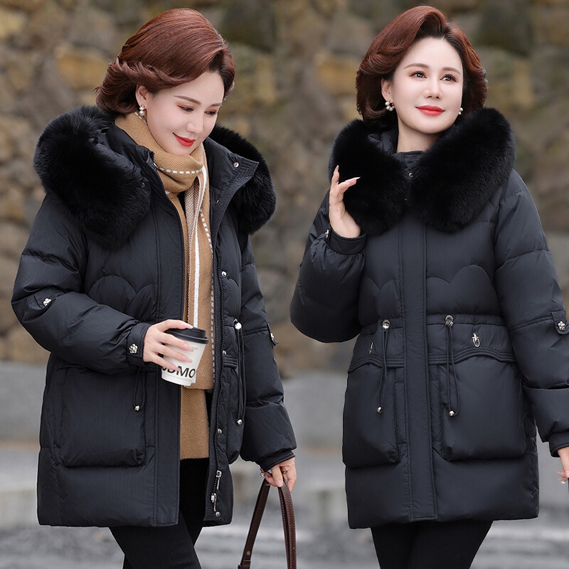 2025 New Cold-Proof down Jacket Women's Fox Fur Collar White Duck down Loose Mother's Warm Jacket