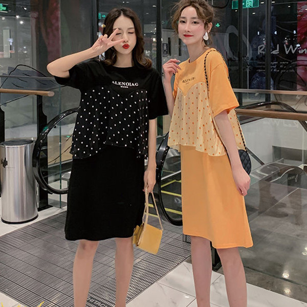 Pregnant Women's Point Thin Cotton dress Spring and Summer New Fashion Loose Top Korean Style Stitching Fake Two-piece T-skirt Fashion