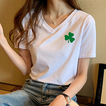 V领女装三叶草印花图案时尚百搭运动休闲短袖夏季套头T恤p377