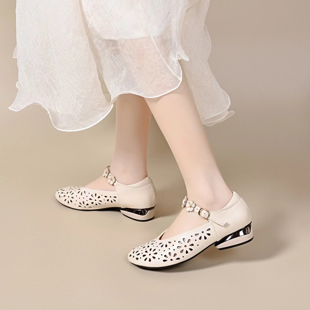 Sandal nữ da thật mũi tròn gót vuông quai ngang phong cách retro — đen chi tiết 8