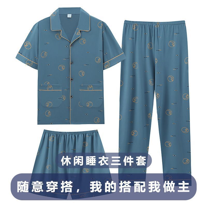 Pajamas de hombre de algodón de tres piezas, pantalones cortos de mangas cortas de verano, pantalones cortos delgados y grandes, ropa para el hogar.