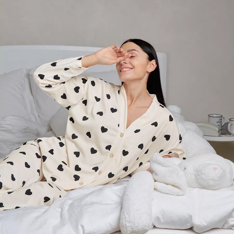 Autumn and Winter Cross-Border Foreign Trade Pajamas for Women Waffle Imitation Cotton Long-Sleeved Trousers Love Print Comfortable Home Clothes