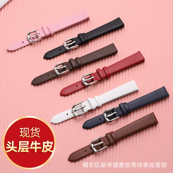 Ultra-thin soft genuine leather watch strap for women, 6 8 10 13 15 17MM, top layer cowhide, plain weave, black, brown, white, red, blue