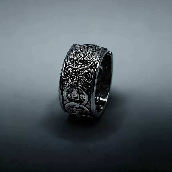 Vintage Double Dragon Five Emperors Copper Coin Ring for Men, Distressed National Style, Ethnic Style, Unique Trendy Fashion Versatile Open Ring