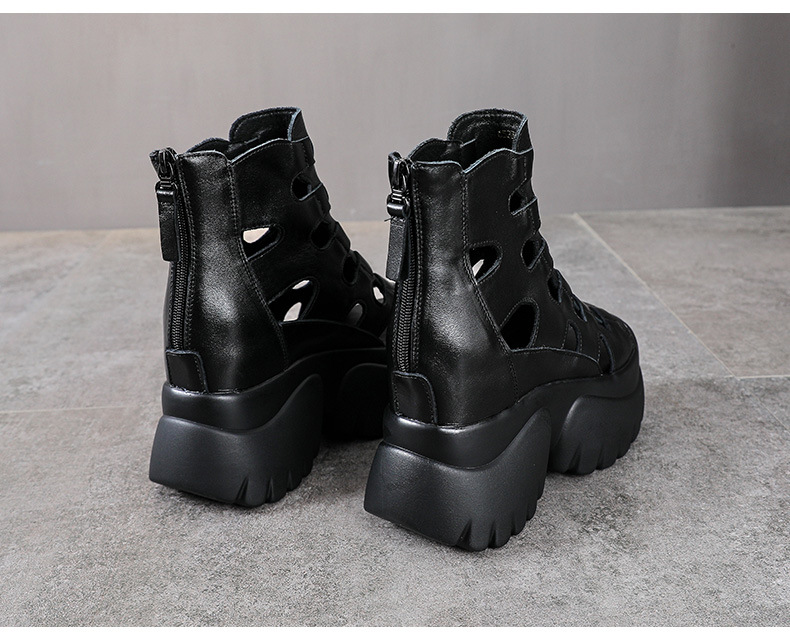 Sandal cao gót nữ hở mũi đế dày gót 9 cm da thật phong cách La Mã — Màu đen chi tiết 12