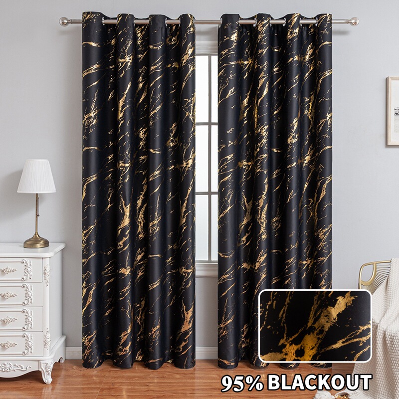 Cross-Border Gold and Silver Foil Marble High Blackout Curtains with Perforations for Living Room Sun Protection, Ready-To-Ship