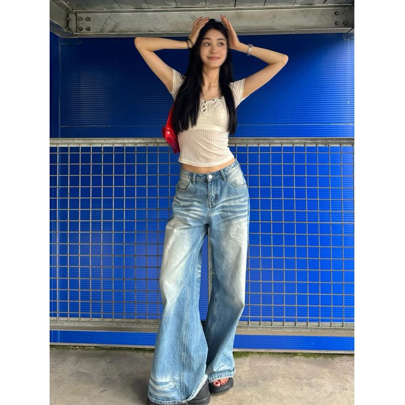 American Style Retro Crease Washed Jeans Women's Early Spring Autumn High Waist Trousers Loose Straight Wide Leg Pants American Style Retro Crease Washed Jeans Women's Early Spring Autumn High Waist Trousers Loose Straight Wide Leg Pants