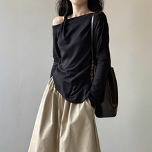 高级感斜肩扭结长袖T恤女秋季2025新款不规则露肩绝美巨好看上衣