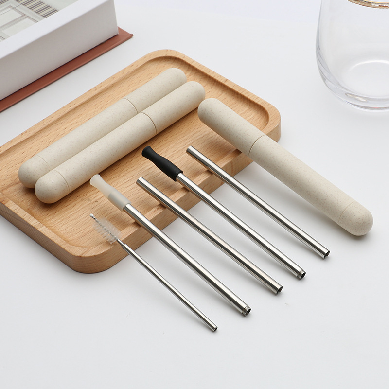 亚马孙吸管便携餐具套装 304不锈钢折叠吸管 小麦盒装带吸管刷