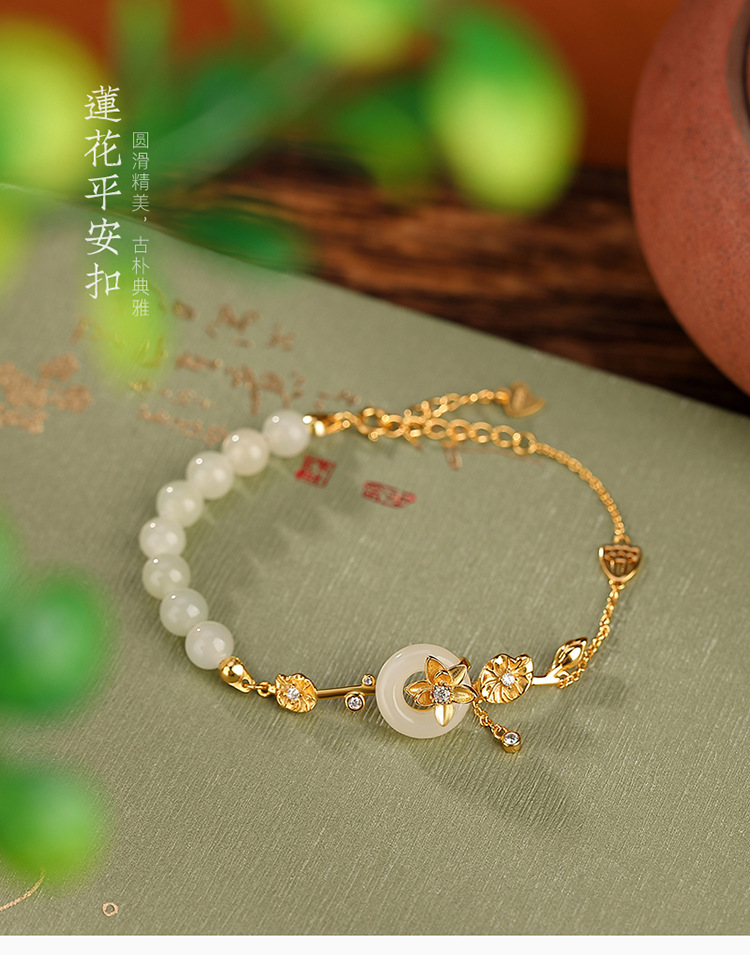 Vòng tay bạc S925 đá ngọc bích Hòa Điền hình hoa sen phong cách cổ điển — Kiểu màu bạc chi tiết 2