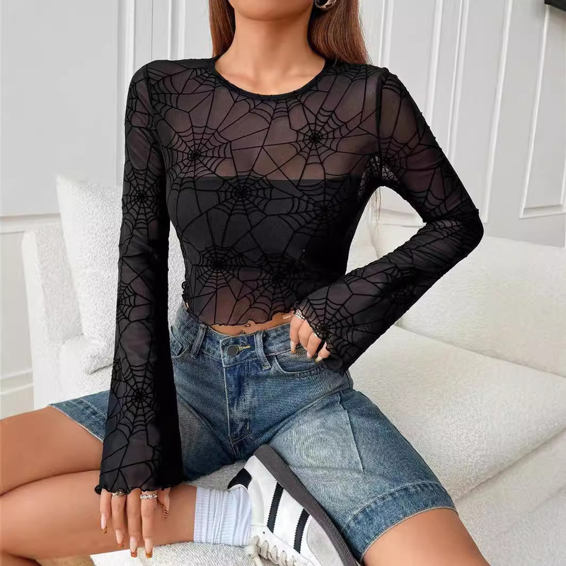 European and American Cross-Border 2026 Autumn and Winter New Elegant Women's Black Transparent Spider Web Ruffle T-Shirt Top Women's Clothing