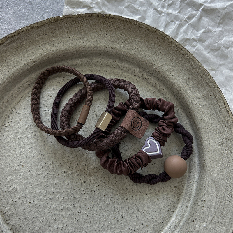 Banda de pelo marrón leche de cinco piezas de alta cuerda de Pelo elástico Corazón de niña engrosada Cola de Caballo banda de goma cuerda de pelo de estilo japonés y coreano Nuevo