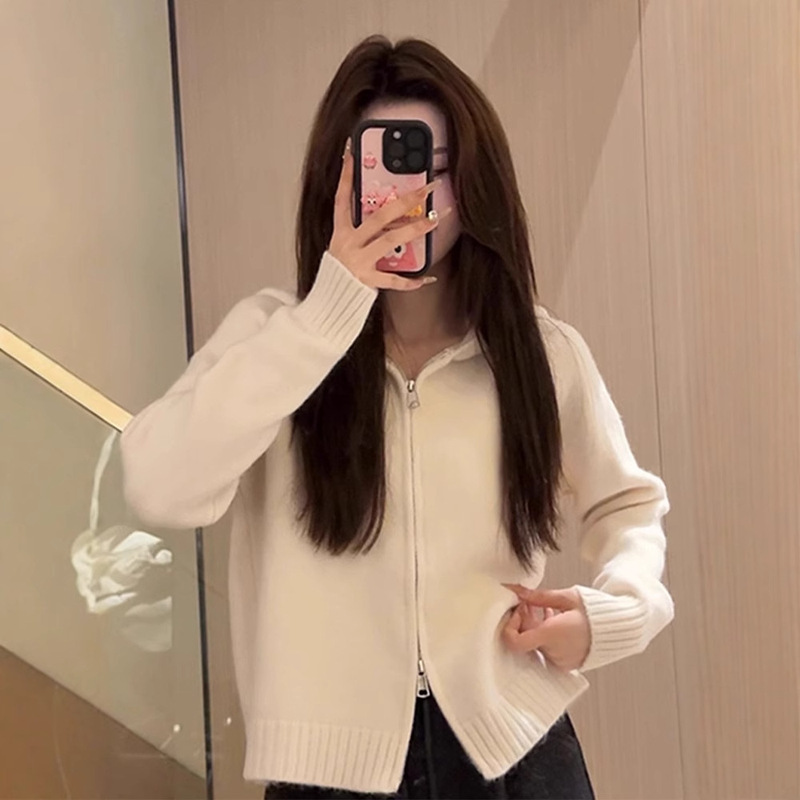连帽毛衣女春秋慵懒感2025新款设计感韩系小个子短款针织开衫|undefined