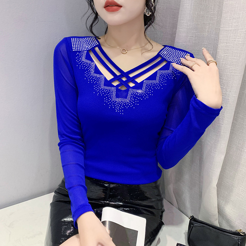 Blusa de Malla de Manga Larga para Mujer de Acrílico con Cuello en V y Pedrería para Uso Diario