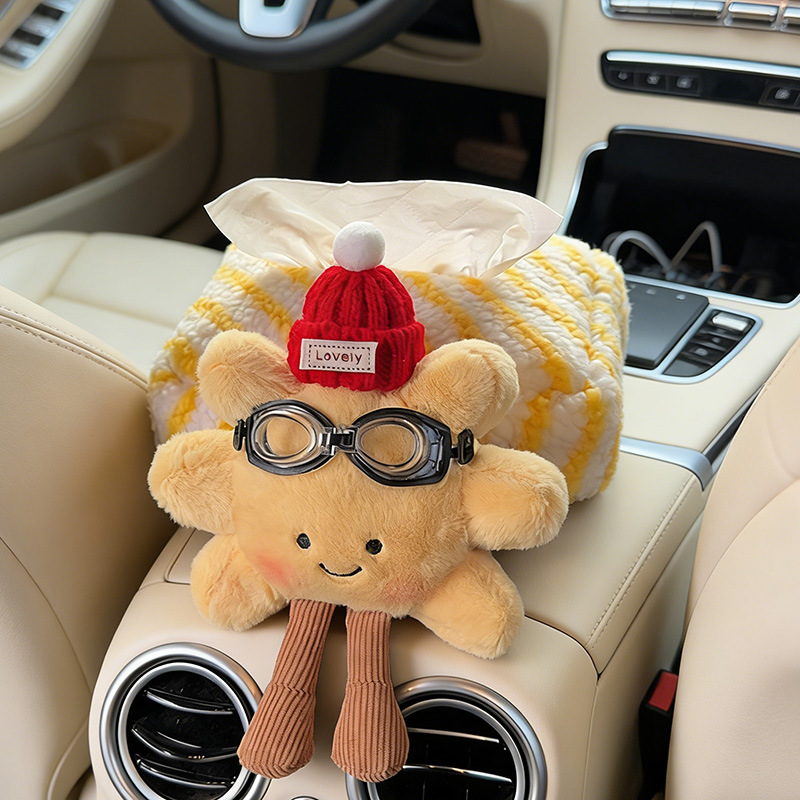 Plush Sunflower Car Tissue Holder Creative Car Tissue Box Car Armrest Tissue Pack In-Car Tissue Box