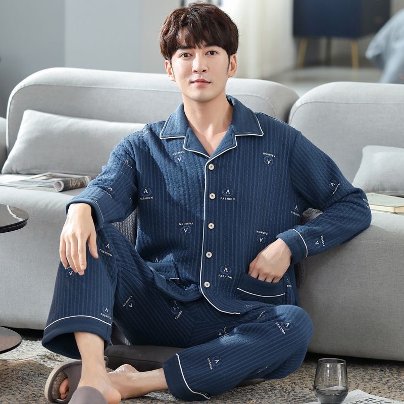 남성용 에어 코튼 잠옷 가을, 겨울 순수 코튼 샌드위치 라펠 카디건 긴팔 바지 남성용 홈웨어 슈트