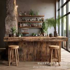 侘寂风老榆木吧台做旧原木收银台奶茶店咖啡厅前台实木喝茶桌吧台