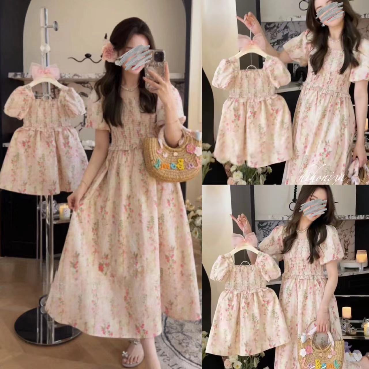 Ropa de verano para padres y niños de Corea del Sur, vestido dulce y lindo, ropa infantil, ropa de madre y niña, falda de manga de burbuja