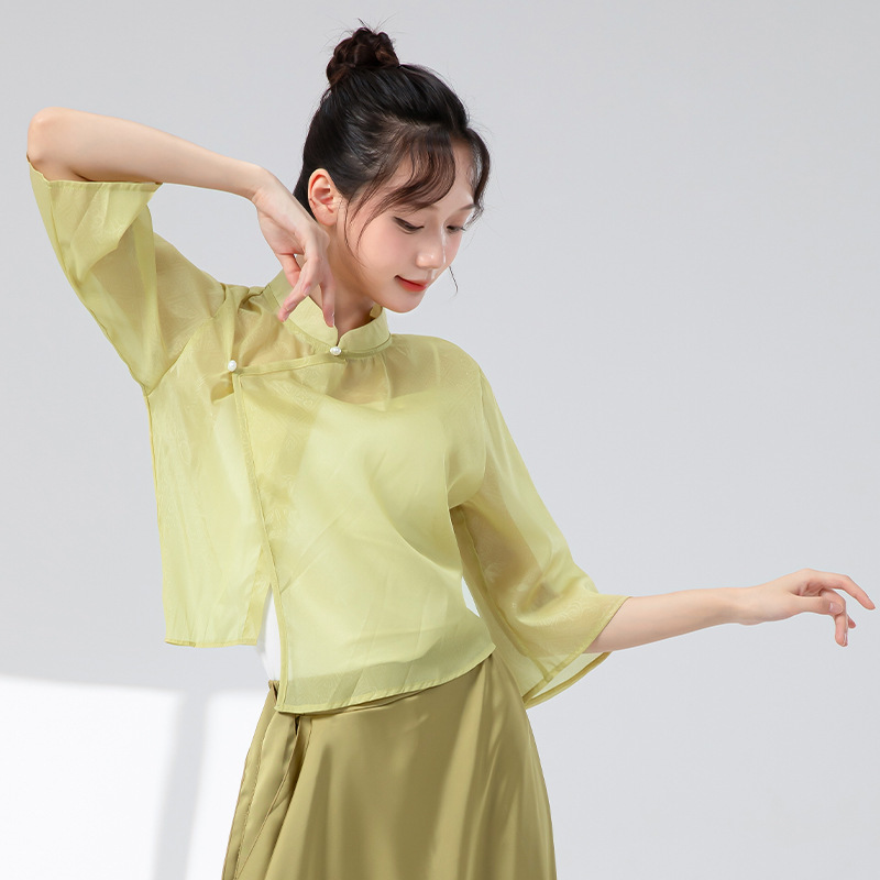 新中式古典舞练功服女新款中袖立领盘扣舞蹈服上衣国风日常演出服|undefined